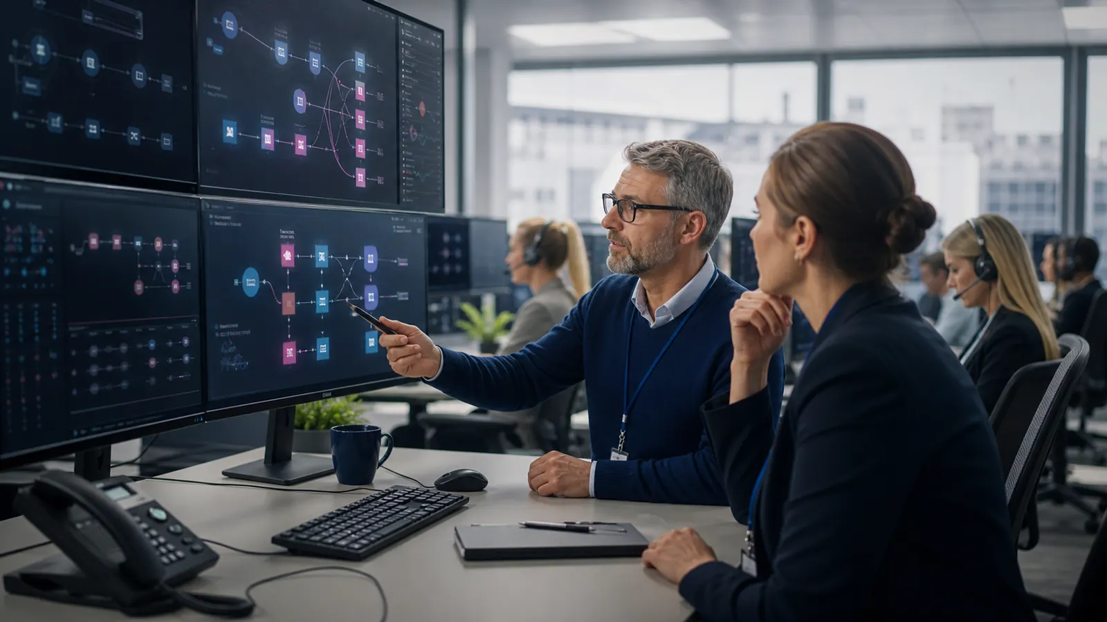 Manager operacyjny i specjalistka IT analizują redundancję contact center