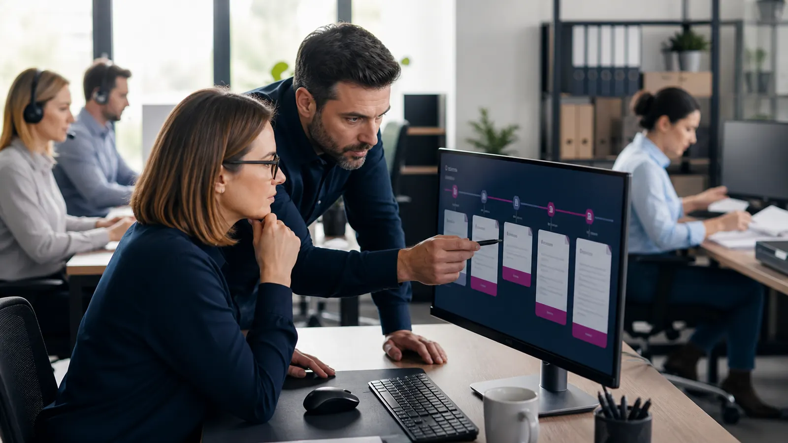 Zespół back office analizuje kolejkę spraw i etapy realizacji