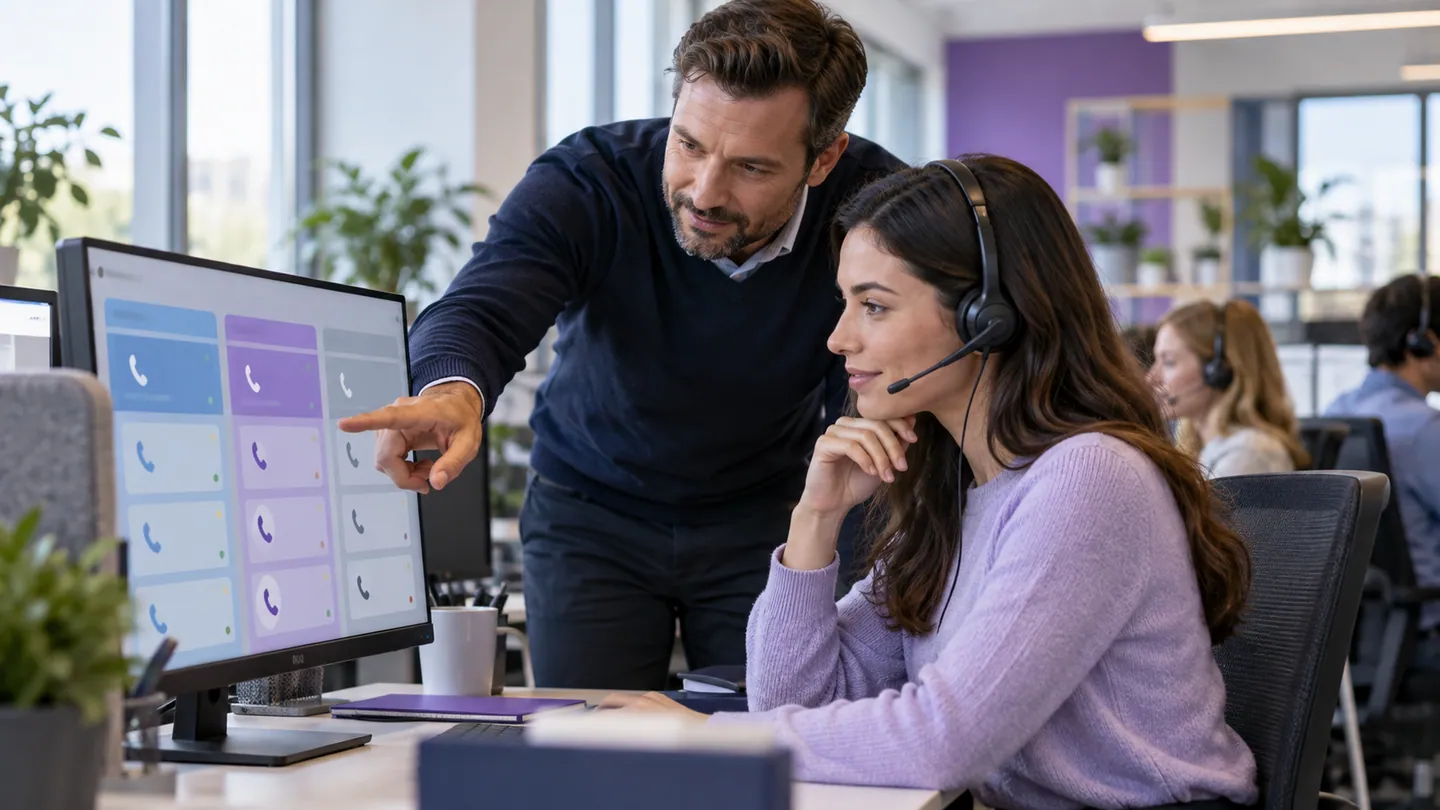 Lider zespołu i konsultantka analizujący podział połączeń na stanowisku contact center