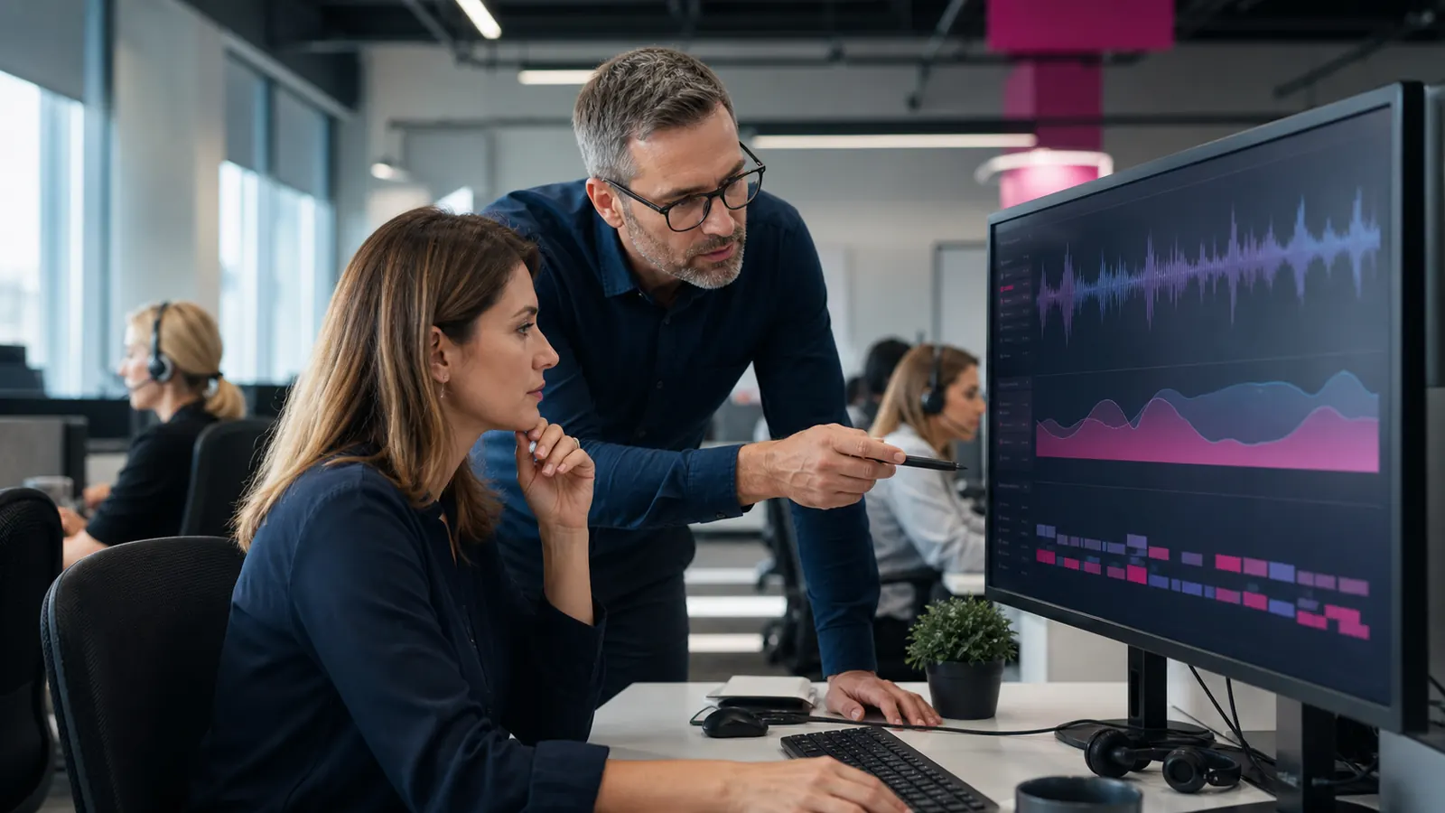 Analityczka jakości i manager analizują przebieg rozmów w contact center